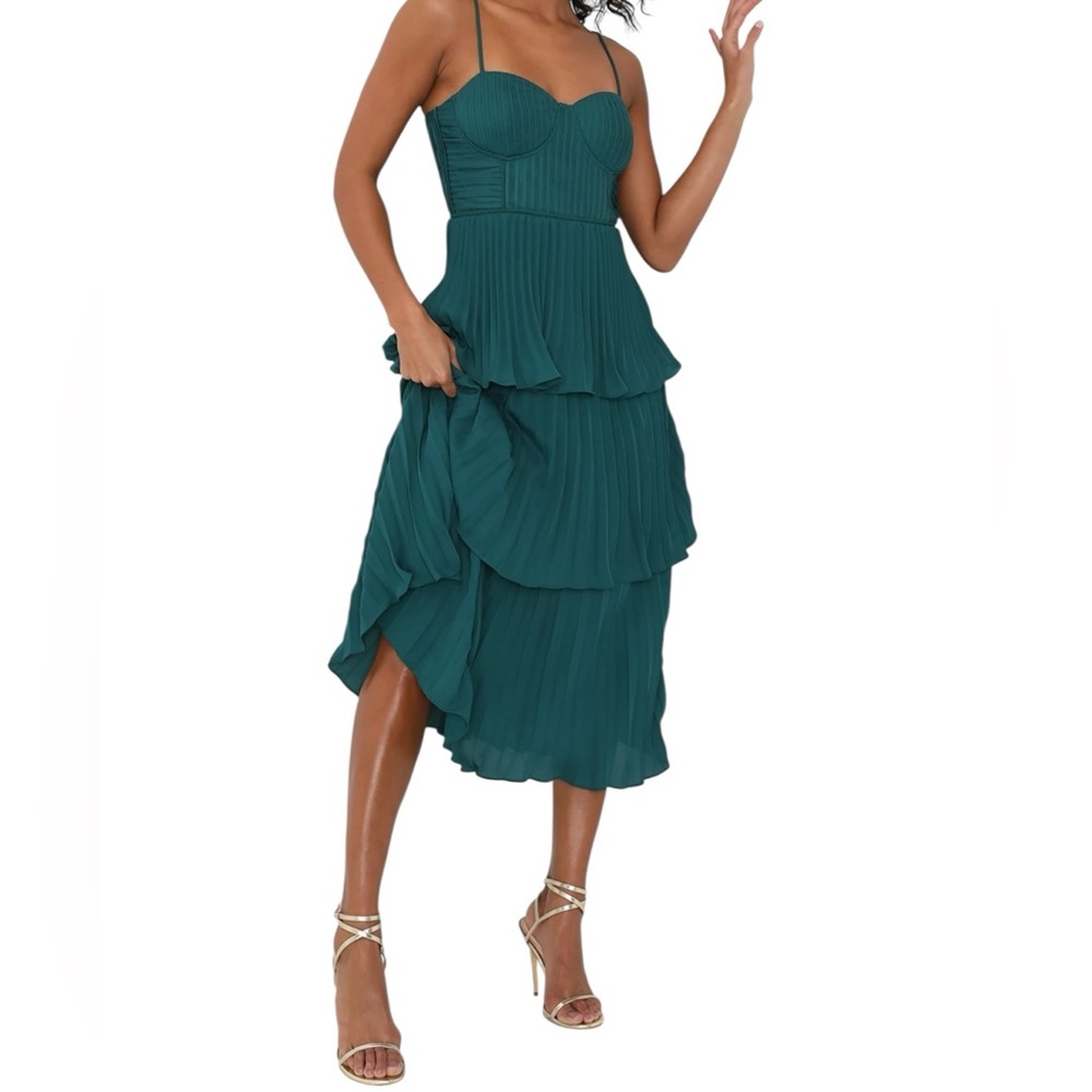 Lulus Cascading Crush Emerald Green Tiered Bustier Midi Dress Medium New